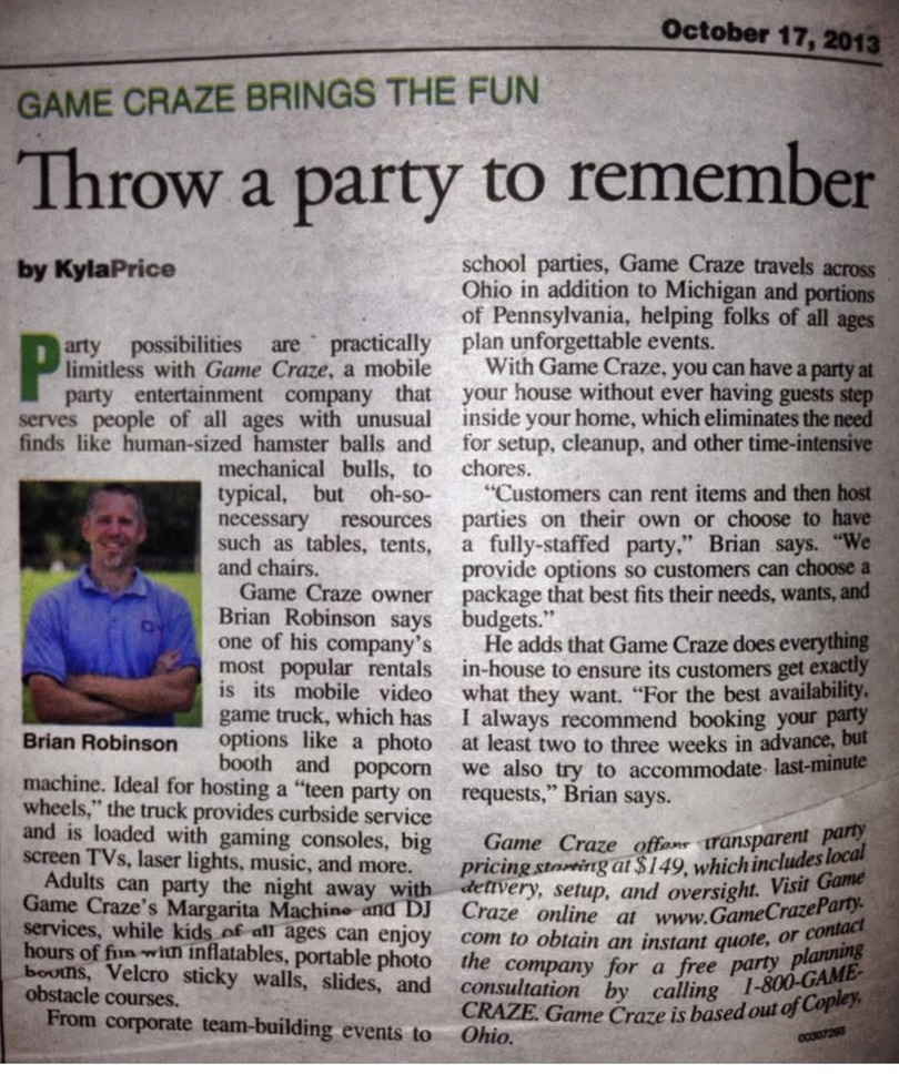 2013 newspaper feature on Game Craze, the mobile party-entertainment company owned by Brian Robinson.